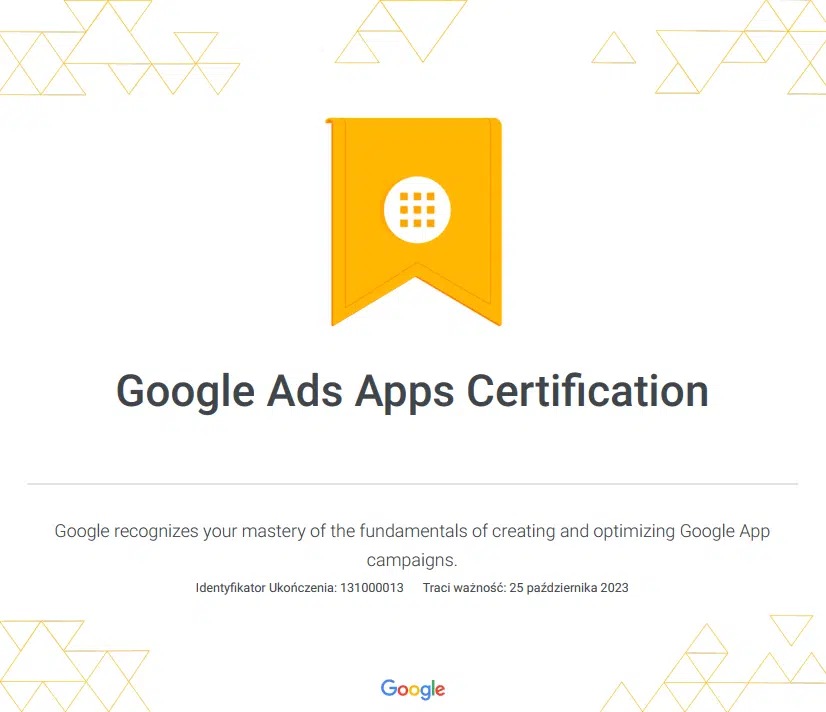 Certyfikat Google Ads z reklamy aplikacji
