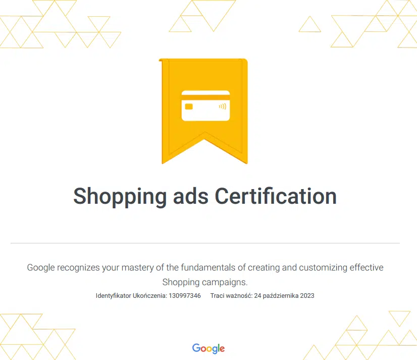 Certyfikat Google Ads z reklamy produktowej
