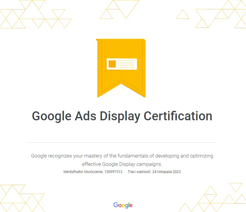 Certyfikat Google Ads z reklamy w sieci reklamowej
