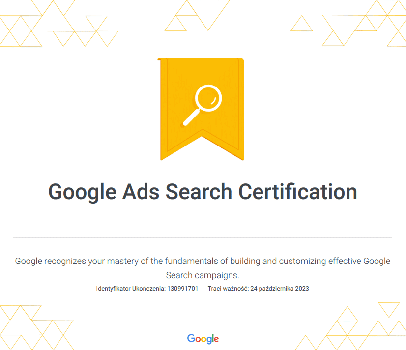 Certyfikat Google Ads z reklamy w sieci wyszukiwania