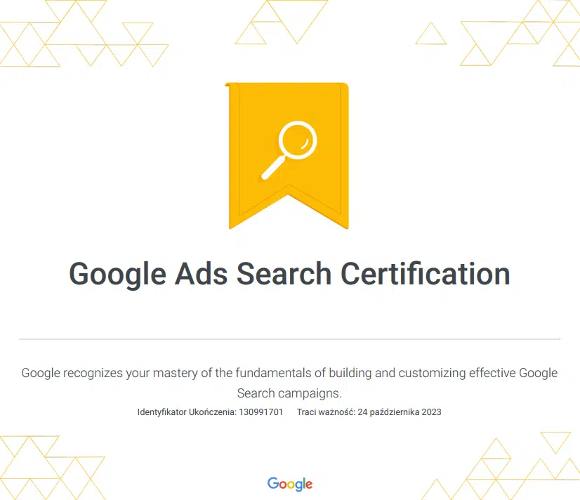 Certyfikat Google Ads z reklamy w sieci wyszukiwania