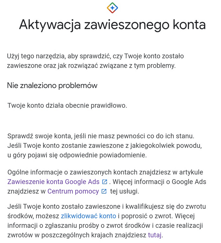 aktywacja zawieszonego konta Google Ads