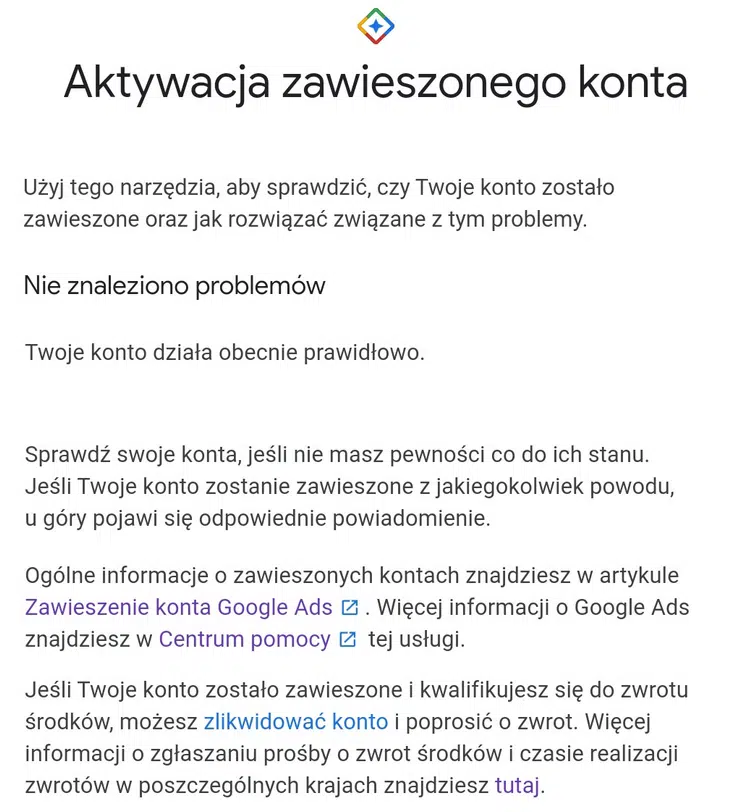 aktywacja zawieszonego konta Google Ads