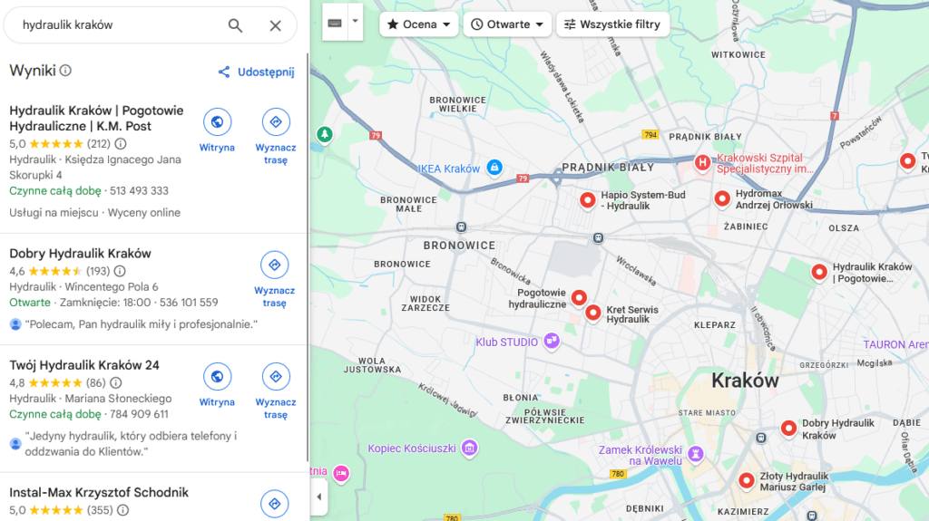hydraulik kraków wizytówka google