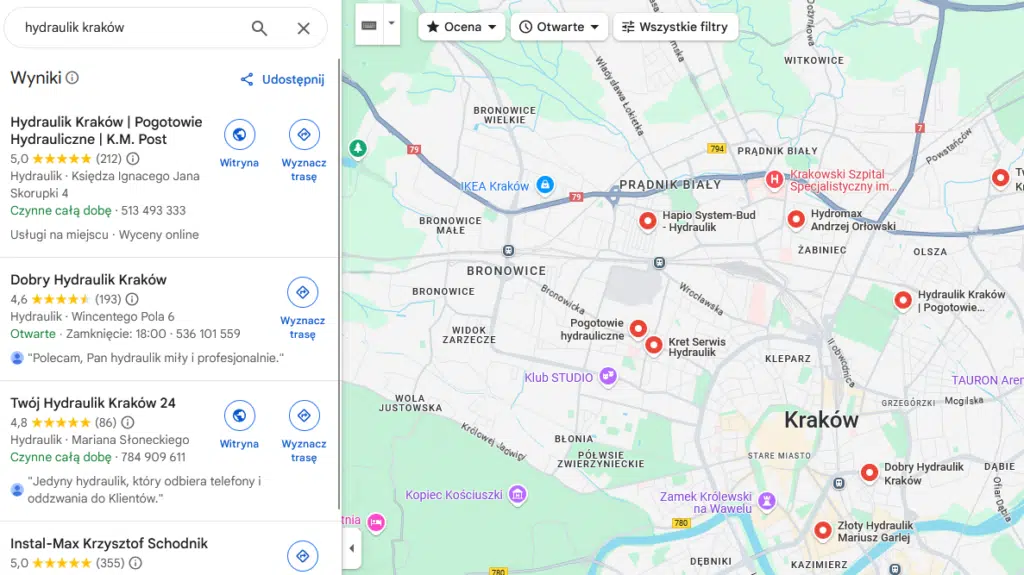 hydraulik kraków wizytówka google