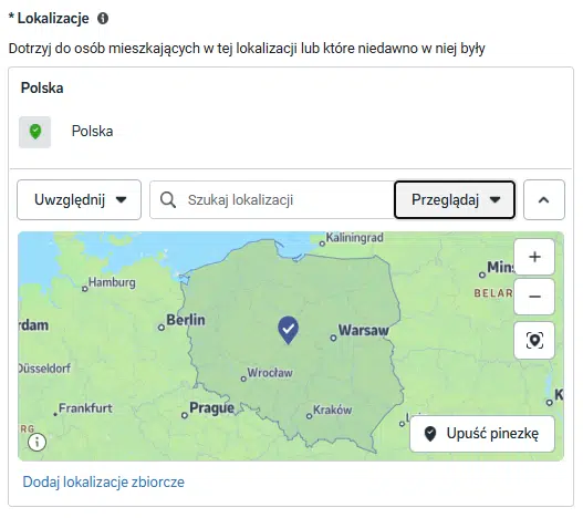 Mapa z ustawieniami geotargetowania w kampanii Meta Ads