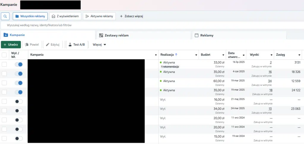 Panel zarządzania reklamami Facebook Ads