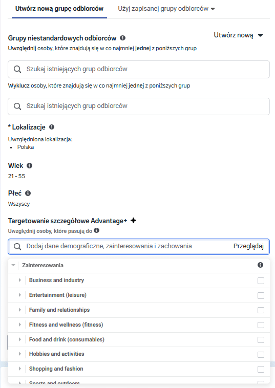 Targetowanie według zainteresowań FB