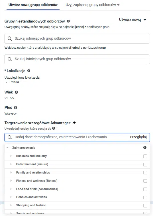 Targetowanie według zainteresowań FB