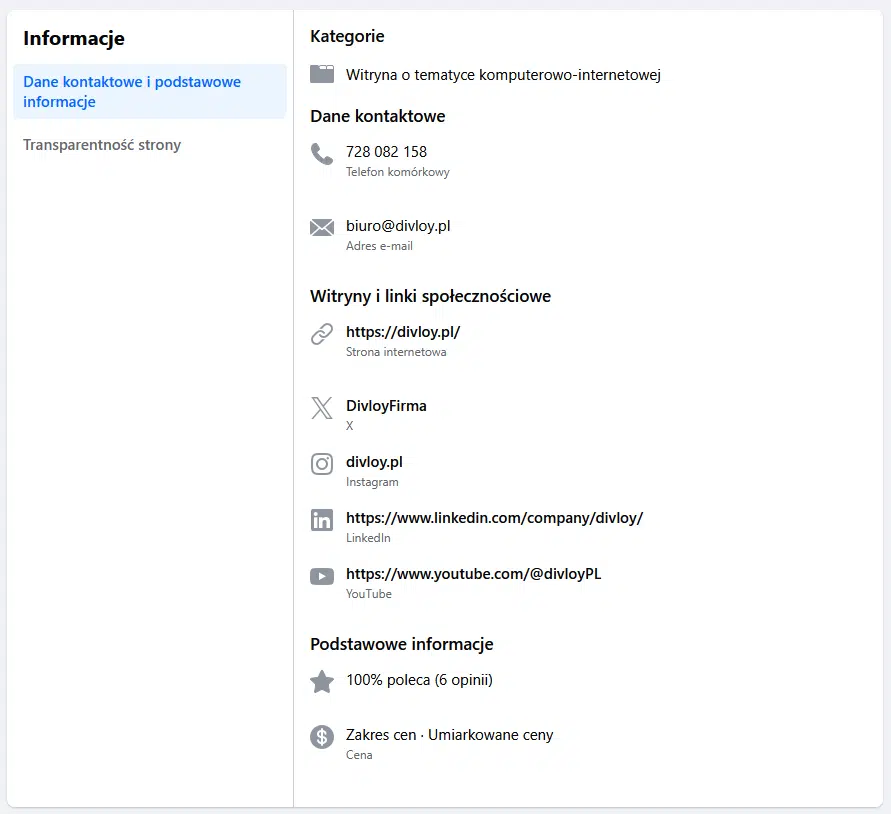 Sekcja Informacje facebook